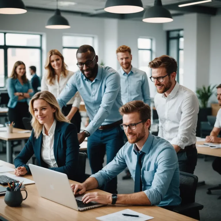 A diverse group of employees collaborating in a bright, modern office space, showcasing teamwork and inclusivity.