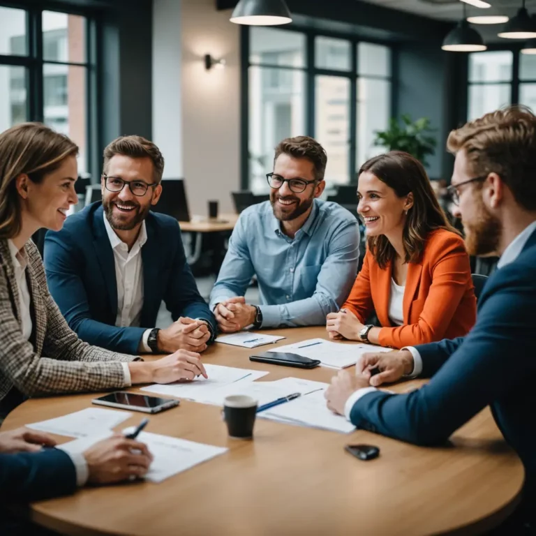 A diverse group of employees engaging in a collaborative meeting, showcasing a positive and inclusive workplace culture.