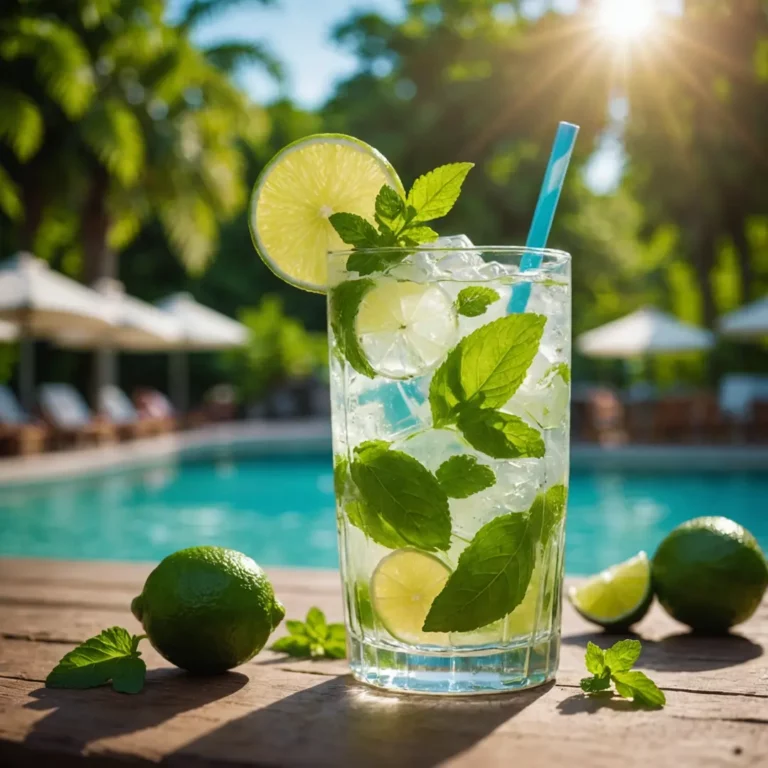 A refreshing glass of mojito garnished with mint leaves and lime slices, set against a vibrant summer backdrop.