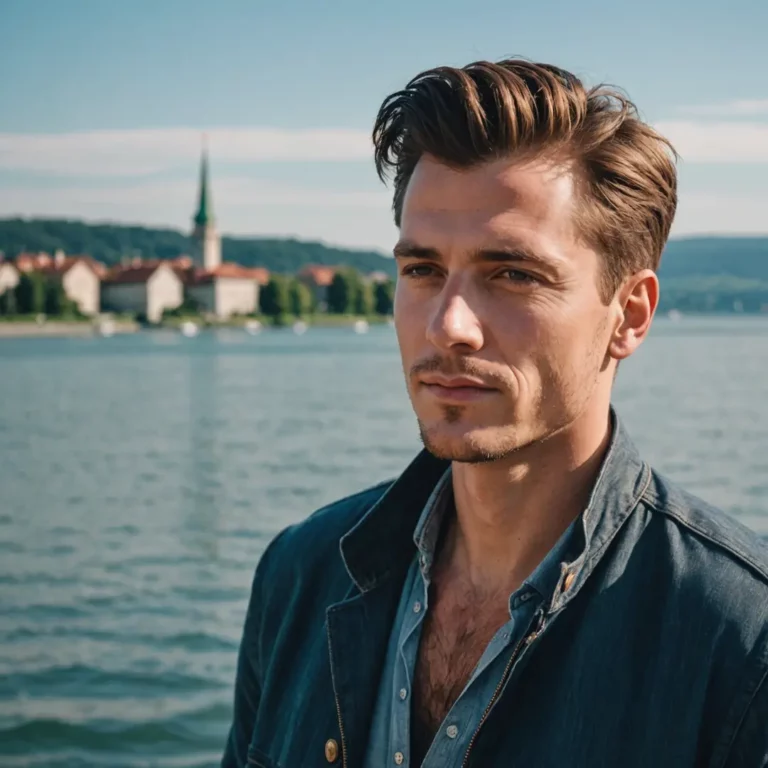 A stylish man with a trendy sidecut haircut relaxes by the serene shores of Lake Constance.
